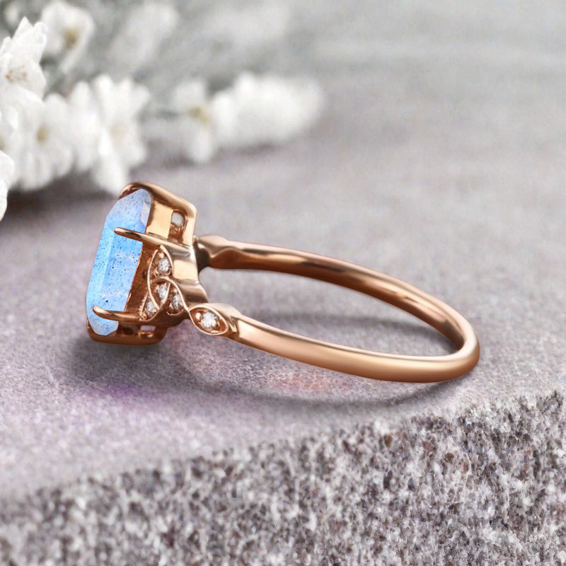 Hexagon Cut Labradorite Engagement Bridal Ring Moissanite Art Deco Promise Ring