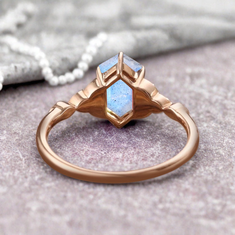 Hexagon Cut Labradorite Engagement Bridal Ring Moissanite Art Deco Promise Ring