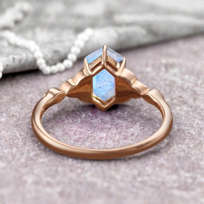 Hexagon Cut Labradorite Engagement Bridal Ring Moissanite Art Deco Promise Ring