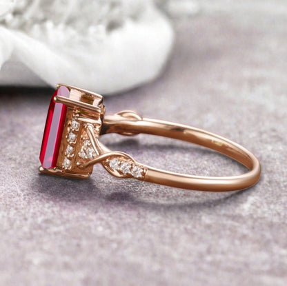 Emerald Cut Ruby Engagement Ring Unique Ruby Moissanite Deco Wedding Ring Gift For Her