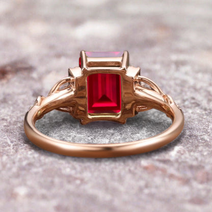 Emerald Cut Ruby Engagement Ring Unique Ruby Moissanite Deco Wedding Ring Gift For Her