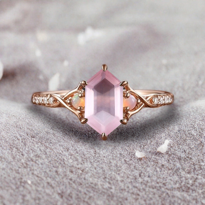Hexagon cut pink sapphire engagement ring vintage unique pink sapphire moissanite ring twisted band wedding ring women bridal anniversary gift