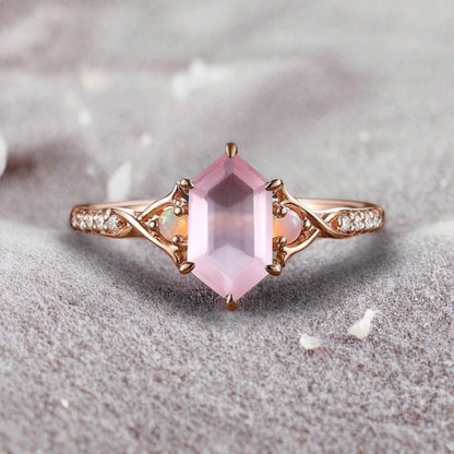 Hexagon cut pink sapphire engagement ring vintage unique pink sapphire moissanite ring twisted band wedding ring women bridal anniversary gift