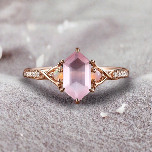 Hexagon cut pink sapphire engagement ring vintage unique pink sapphire moissanite ring twisted band wedding ring women bridal anniversary gift