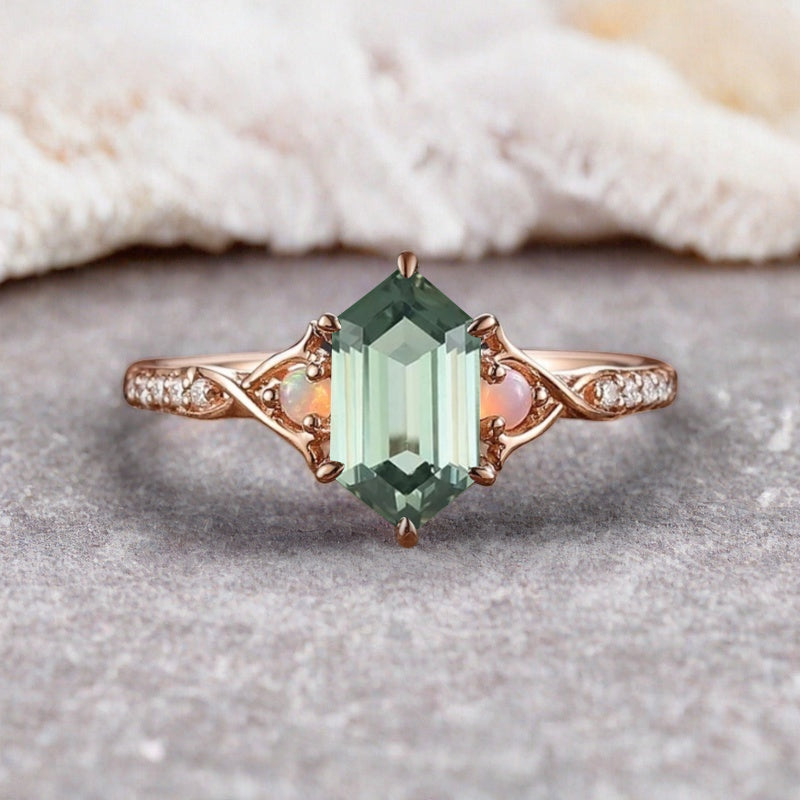 Hexagon cut tsavorite engagement ring vintage unique tsavorite moissanite ring twisted band wedding ring women bridal anniversary gift