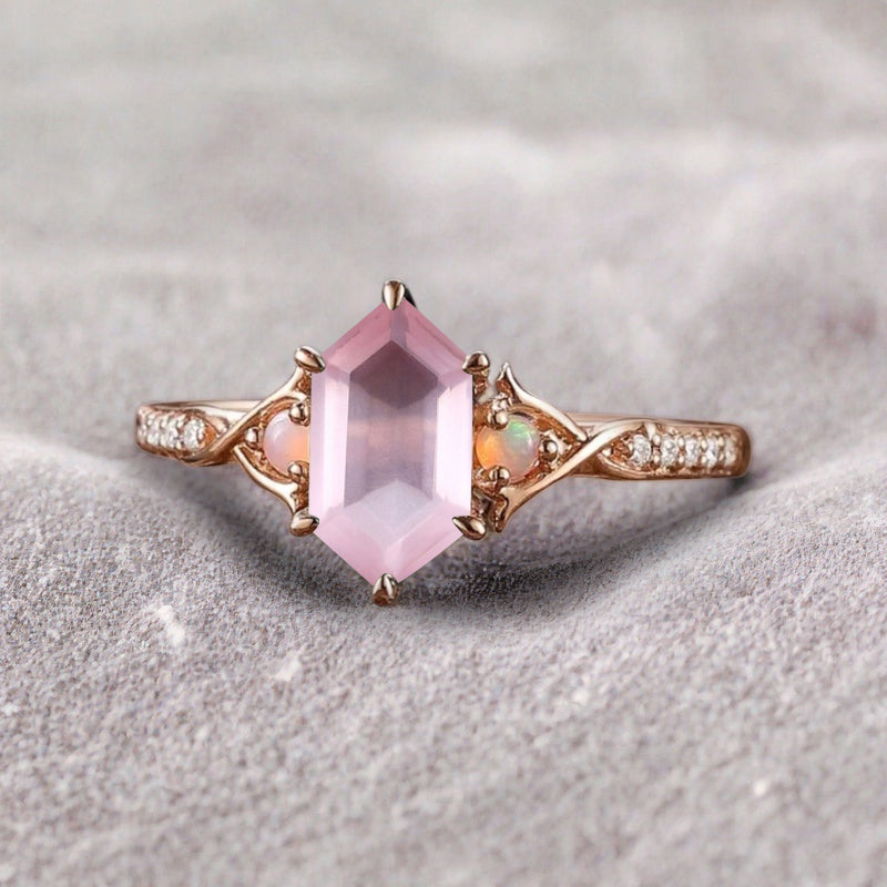 Hexagon cut pink sapphire engagement ring vintage unique pink sapphire moissanite ring twisted band wedding ring women bridal anniversary gift