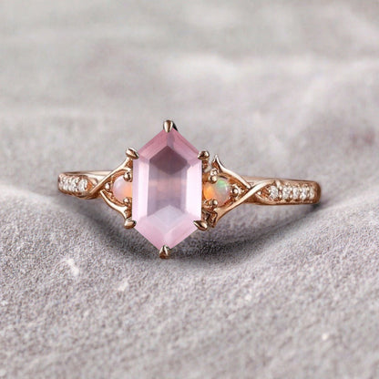 Hexagon cut pink sapphire engagement ring vintage unique pink sapphire moissanite ring twisted band wedding ring women bridal anniversary gift