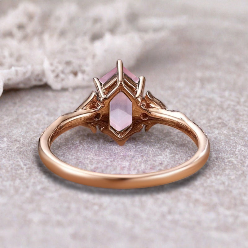 Hexagon cut pink sapphire engagement ring vintage unique pink sapphire moissanite ring twisted band wedding ring women bridal anniversary gift