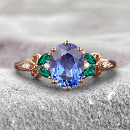 Vintage Oval Blue Topaz Engagement Ring Unique Emerald Sidestones Oval Gemstone Promise Ring Ver.2