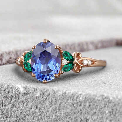 Vintage Oval Blue Topaz Engagement Ring Unique Emerald Sidestones Oval Gemstone Promise Ring Ver.2