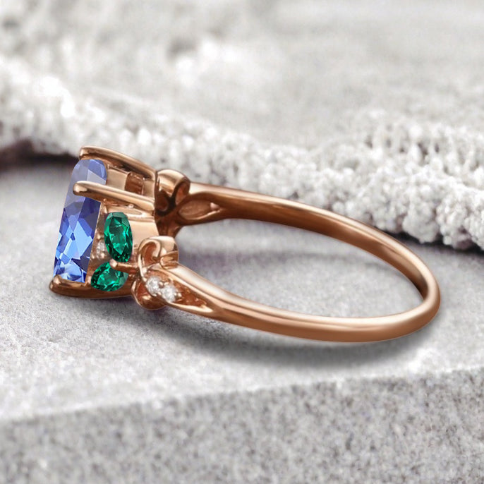 Vintage Oval Blue Topaz Engagement Ring Unique Emerald Sidestones Oval Gemstone Promise Ring Ver.2