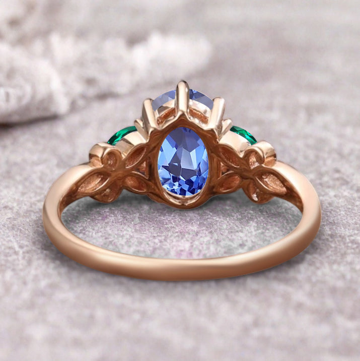 Vintage Oval Blue Topaz Engagement Ring Unique Emerald Sidestones Oval Gemstone Promise Ring Ver.2