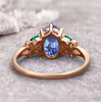 Vintage Oval Blue Topaz Engagement Ring Unique Emerald Sidestones Oval Gemstone Promise Ring Ver.2