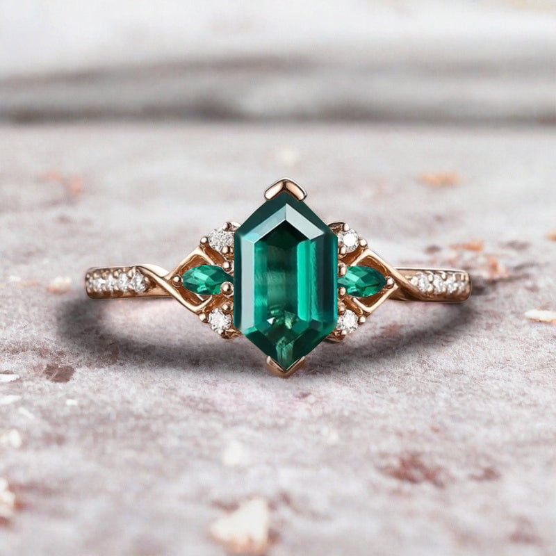 Hexagon Emerald Engagement Ring Emerald Moissanite Cluster Promise Ring Rose Gold Art Deco Ring Custom Handmade Bridal Ring