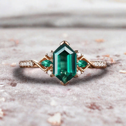Hexagon Emerald Engagement Ring Emerald Moissanite Cluster Promise Ring Rose Gold Art Deco Ring Custom Handmade Bridal Ring
