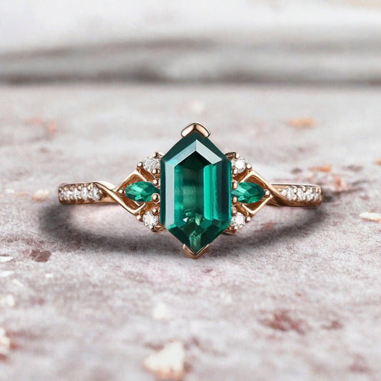 Hexagon Emerald Engagement Ring Emerald Moissanite Cluster Promise Ring Rose Gold Art Deco Ring Custom Handmade Bridal Ring