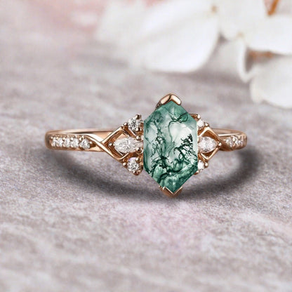 Hexagon Moss Agate Engagement Ring Moissanite Cluster Promise Ring Rose Gold Art Deco Ring Custom Handmade Bridal Ring