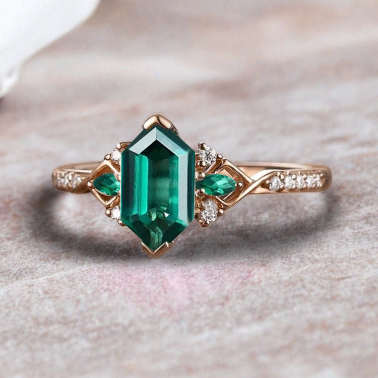 Hexagon Emerald Engagement Ring Emerald Moissanite Cluster Promise Ring Rose Gold Art Deco Ring Custom Handmade Bridal Ring