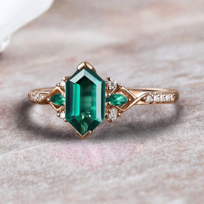 Hexagon Emerald Engagement Ring Emerald Moissanite Cluster Promise Ring Rose Gold Art Deco Ring Custom Handmade Bridal Ring