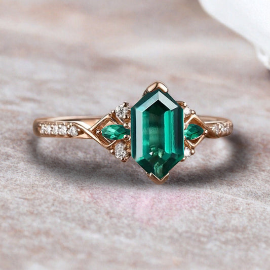 Hexagon Emerald Engagement Ring Emerald Moissanite Cluster Promise Ring Rose Gold Art Deco Ring Custom Handmade Bridal Ring