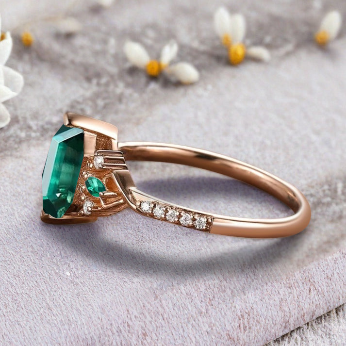 Hexagon Emerald Engagement Ring Emerald Moissanite Cluster Promise Ring Rose Gold Art Deco Ring Custom Handmade Bridal Ring