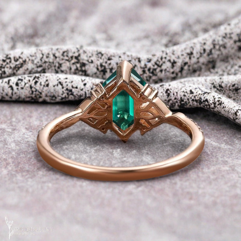 Hexagon Emerald Engagement Ring Emerald Moissanite Cluster Promise Ring Rose Gold Art Deco Ring Custom Handmade Bridal Ring