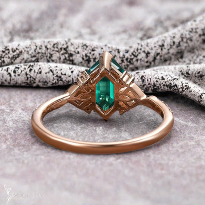 Hexagon Emerald Engagement Ring Emerald Moissanite Cluster Promise Ring Rose Gold Art Deco Ring Custom Handmade Bridal Ring