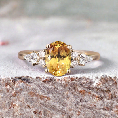Unique Vintage Citrine Engagement Ring 14K Rose Gold Oval Cut Natural Citrine Wedding Promise Ring Handmade Ring Anniversary Rings For Women