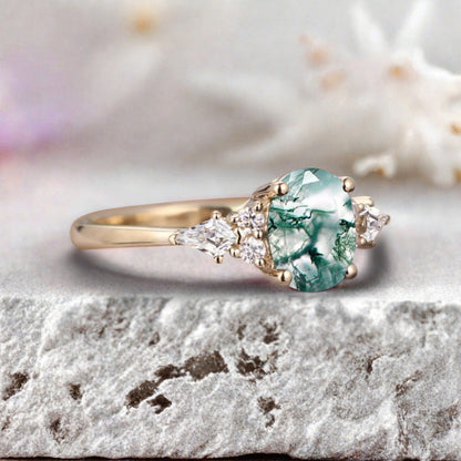 Unique Vintage Moss Agate Engagement Ring 14K Rose Gold Oval Cut Natural Moss Agate Wedding Promise Ring Handmade Ring Anniversary Rings For Women