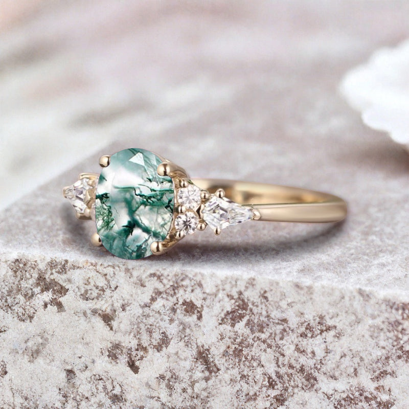 Unique Vintage Moss Agate Engagement Ring 14K Rose Gold Oval Cut Natural Moss Agate Wedding Promise Ring Handmade Ring Anniversary Rings For Women