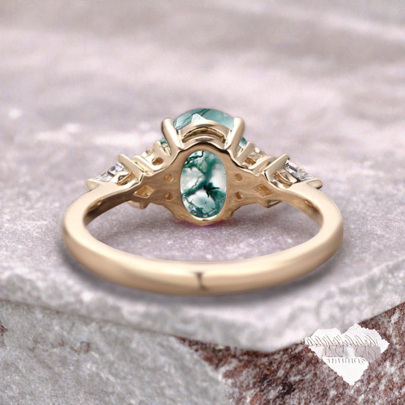 Unique Vintage Moss Agate Engagement Ring 14K Rose Gold Oval Cut Natural Moss Agate Wedding Promise Ring Handmade Ring Anniversary Rings For Women