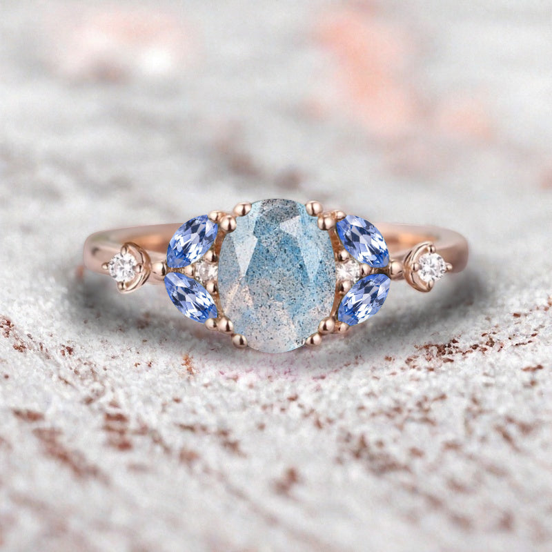 Vintage Oval Labradorite Engagement Ring Unique Blue Topaz Sidestones Oval Gemstone Promise Ring