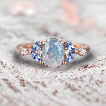 Vintage Oval Labradorite Engagement Ring Unique Blue Topaz Sidestones Oval Gemstone Promise Ring