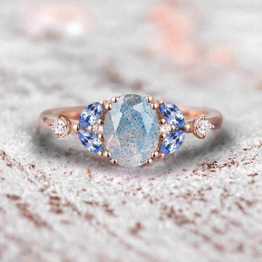 Vintage Oval Labradorite Engagement Ring Unique Blue Topaz Sidestones Oval Gemstone Promise Ring