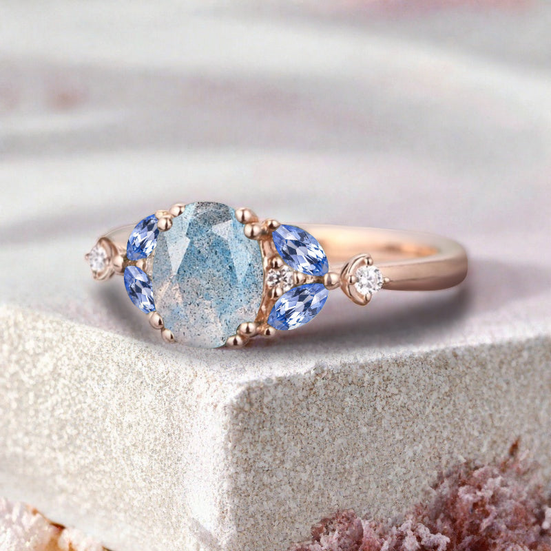 Vintage Oval Labradorite Engagement Ring Unique Blue Topaz Sidestones Oval Gemstone Promise Ring