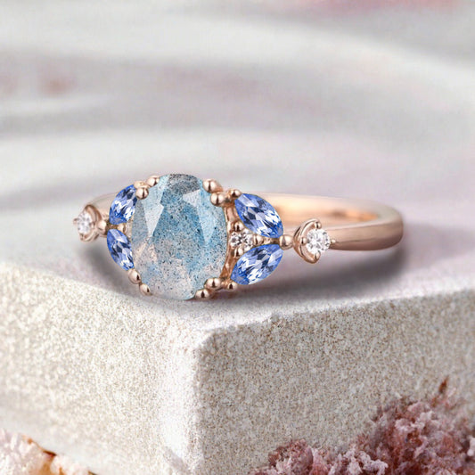 Vintage Oval Labradorite Engagement Ring Unique Blue Topaz Sidestones Oval Gemstone Promise Ring