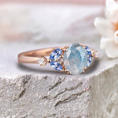 Vintage Oval Labradorite Engagement Ring Unique Blue Topaz Sidestones Oval Gemstone Promise Ring