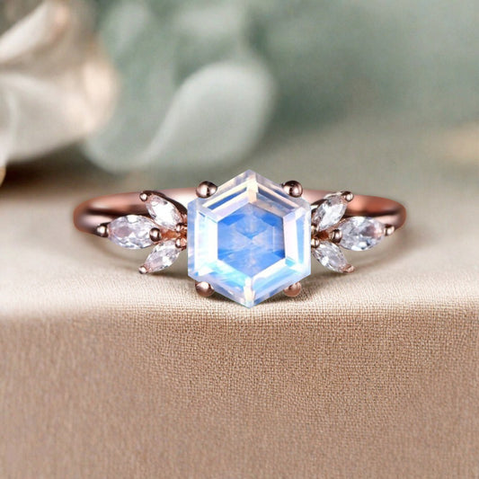 Vintage Blue-White Agate Wedding Ring Hexagon Cut Moonstone Engagement Ring Unique Bridal Ring Art Deco Moonstone Ring Anniversary Gift Ring
