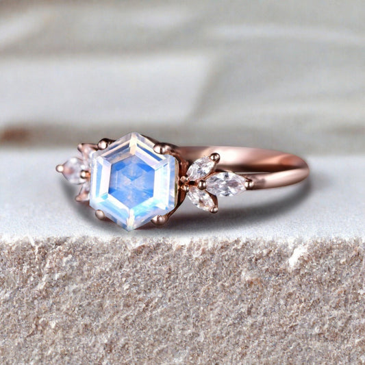 Vintage Blue-White Agate Wedding Ring Hexagon Cut Moonstone Engagement Ring Unique Bridal Ring Art Deco Moonstone Ring Anniversary Gift Ring