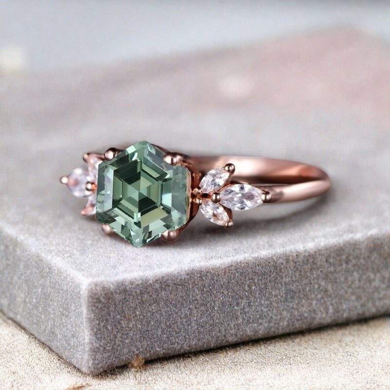 Vintage Green Agate Wedding Ring Hexagon Cut Tsavorite Engagement Ring Unique Bridal Ring Art Deco Tsavorite Ring Anniversary Gift Ring
