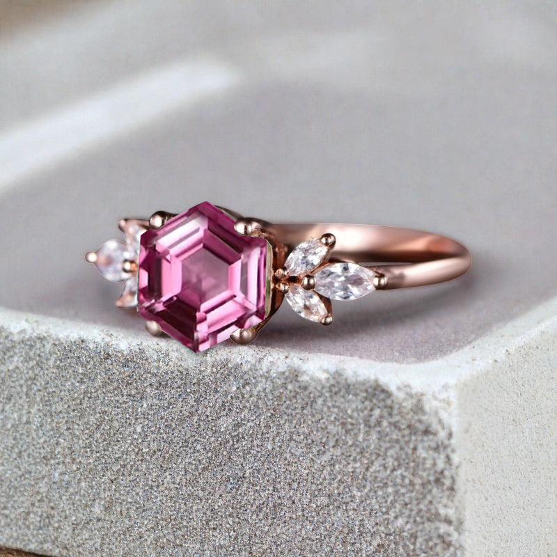 Vintage Violet Agate Wedding Ring Hexagon Cut Amethyst Engagement Ring Unique Bridal Ring Art Deco Amethyst Ring Anniversary Gift Ring