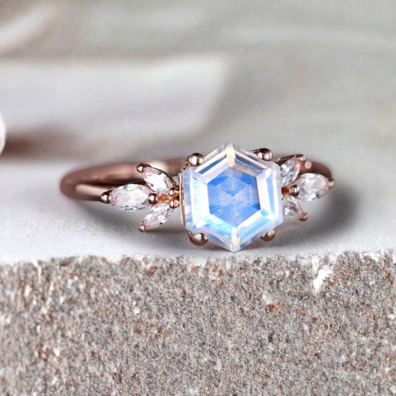 Vintage Blue-White Agate Wedding Ring Hexagon Cut Moonstone Engagement Ring Unique Bridal Ring Art Deco Moonstone Ring Anniversary Gift Ring