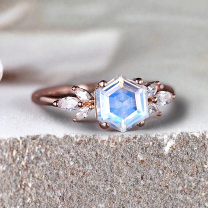 Vintage Blue-White Agate Wedding Ring Hexagon Cut Moonstone Engagement Ring Unique Bridal Ring Art Deco Moonstone Ring Anniversary Gift Ring