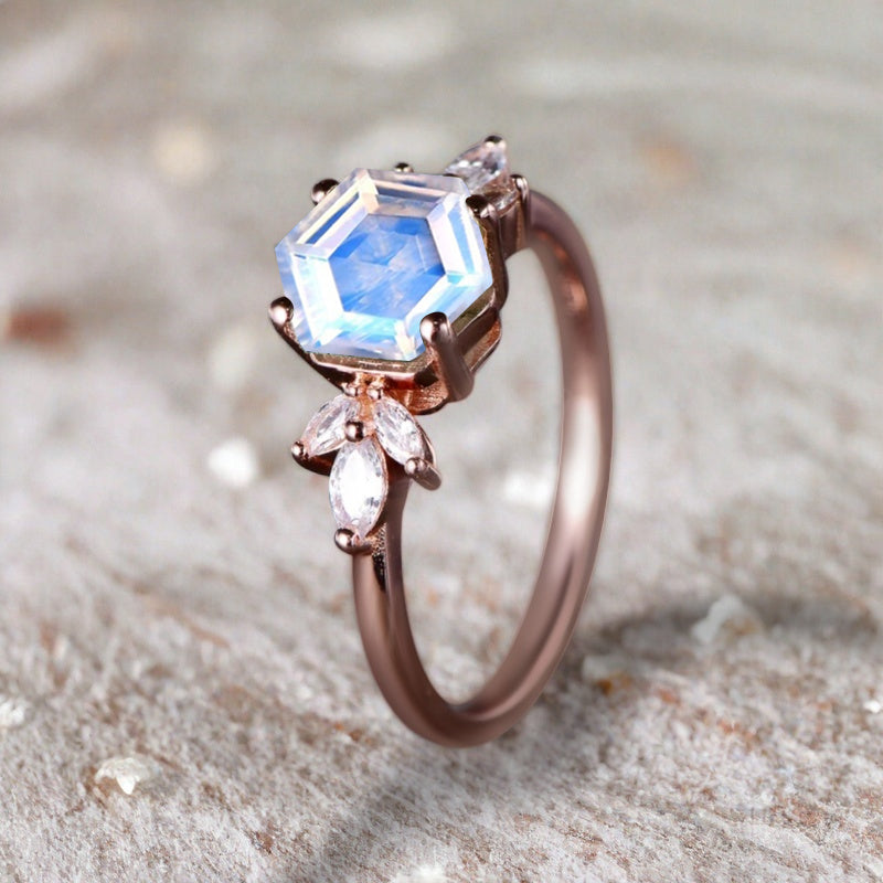 Vintage Blue-White Agate Wedding Ring Hexagon Cut Moonstone Engagement Ring Unique Bridal Ring Art Deco Moonstone Ring Anniversary Gift Ring