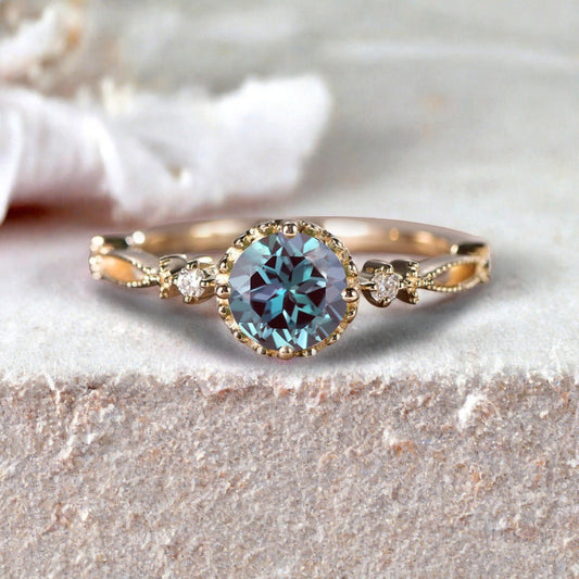 Round Shaped Aquamarine Engagement Ring Vintage Gemstone Ring Unique Cluster Ring Rose Gold Ring Promise Wedding Bridal Ring Women