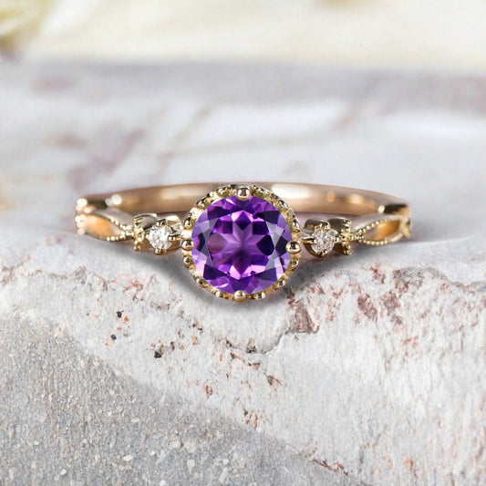 Round Shaped Amethyst Engagement Ring Vintage Gemstone Ring Unique Cluster Ring Rose Gold Ring Promise Wedding Bridal Ring Women