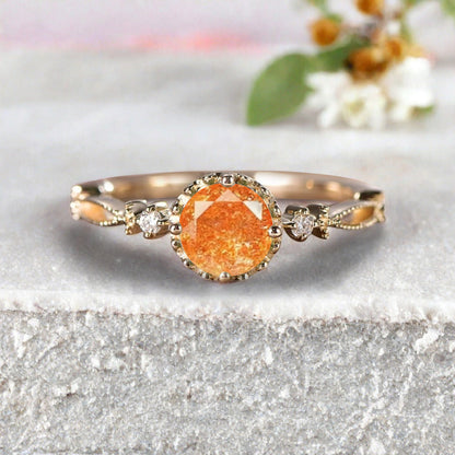 Round Shaped Sunstone Engagement Ring Vintage Gemstone Ring Unique Cluster Ring Rose Gold Ring Promise Wedding Bridal Ring Women