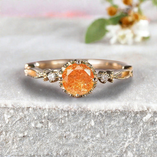 Round Shaped Sunstone Engagement Ring Vintage Gemstone Ring Unique Cluster Ring Rose Gold Ring Promise Wedding Bridal Ring Women