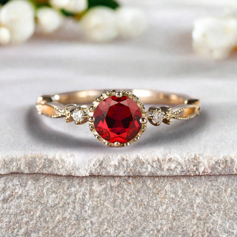 Round Shaped Ruby Engagement Ring Vintage Gemstone July Birthstone Ring Unique Cluster Ring Rose Gold Ring Promise Wedding Bridal Ring Women