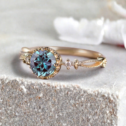 Round Shaped Aquamarine Engagement Ring Vintage Gemstone Ring Unique Cluster Ring Rose Gold Ring Promise Wedding Bridal Ring Women